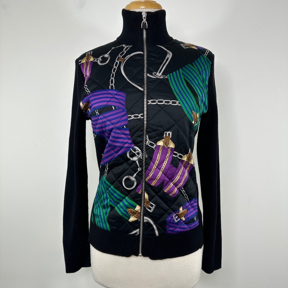 Ralph Lauren Scarf Front Black Equestrian Ribbed Knit Zip Cardigan Sweater Sz M